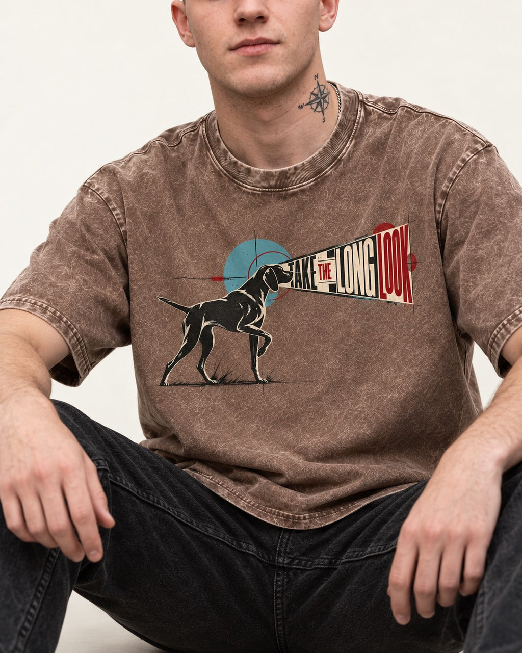German Shorthaired Pointer Take the Long Look Washed Tee in Coffee, worn by a seated model