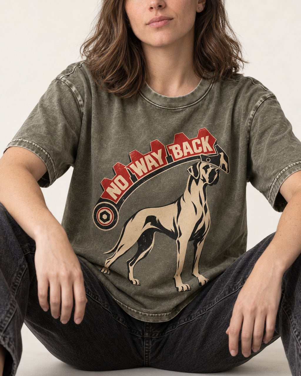 Great Dane No Way Back Arrow Graphic Washed Tee in Army Green, worn by a seated model