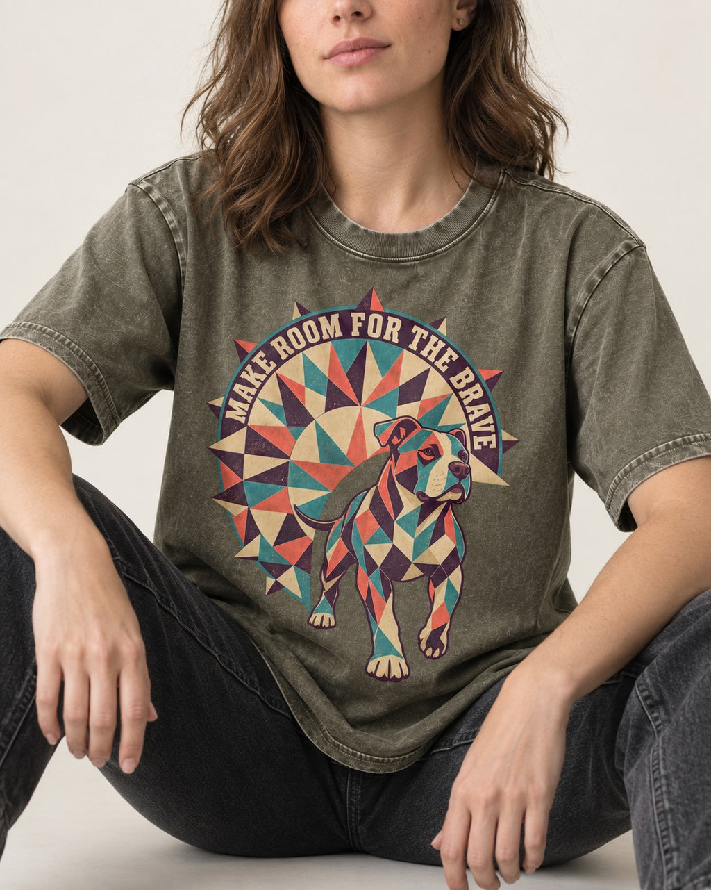 Pitbull Make Room for the Brave Mosaic Graphic Washed Tee in Army Green, worn by a seated model