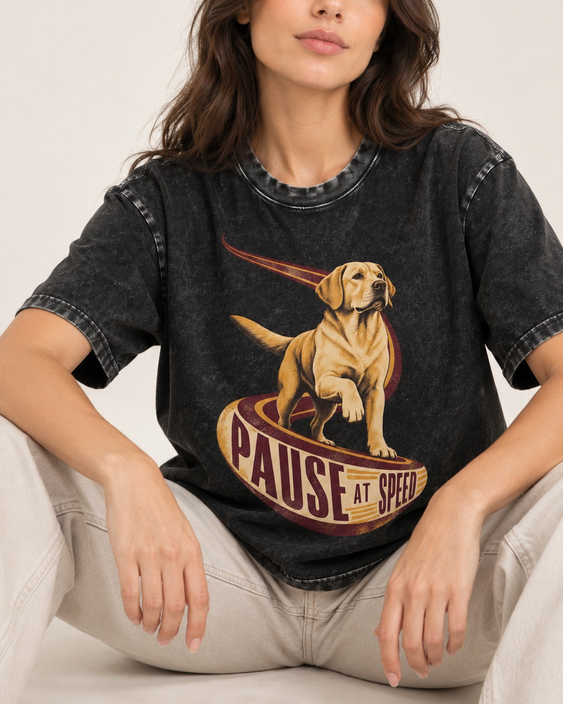 Labrador Retriever Pause at Speed Ribbon Graphic Washed Tee in Black, worn by a seated model