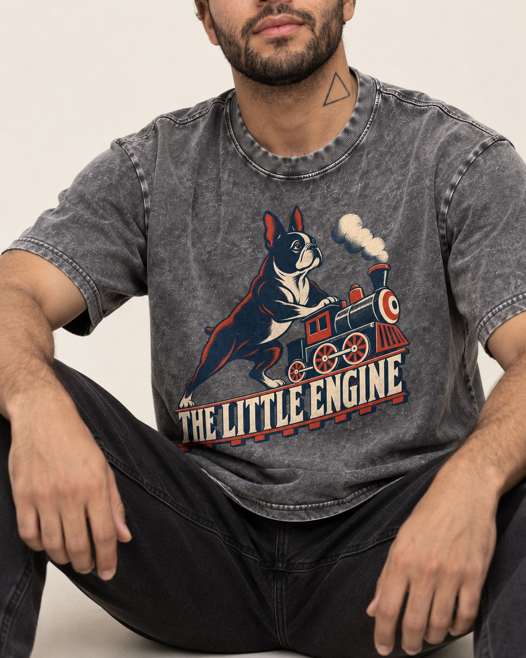 Boston Terrier The Little Engine Washed Tee in Gray, worn by a seated model