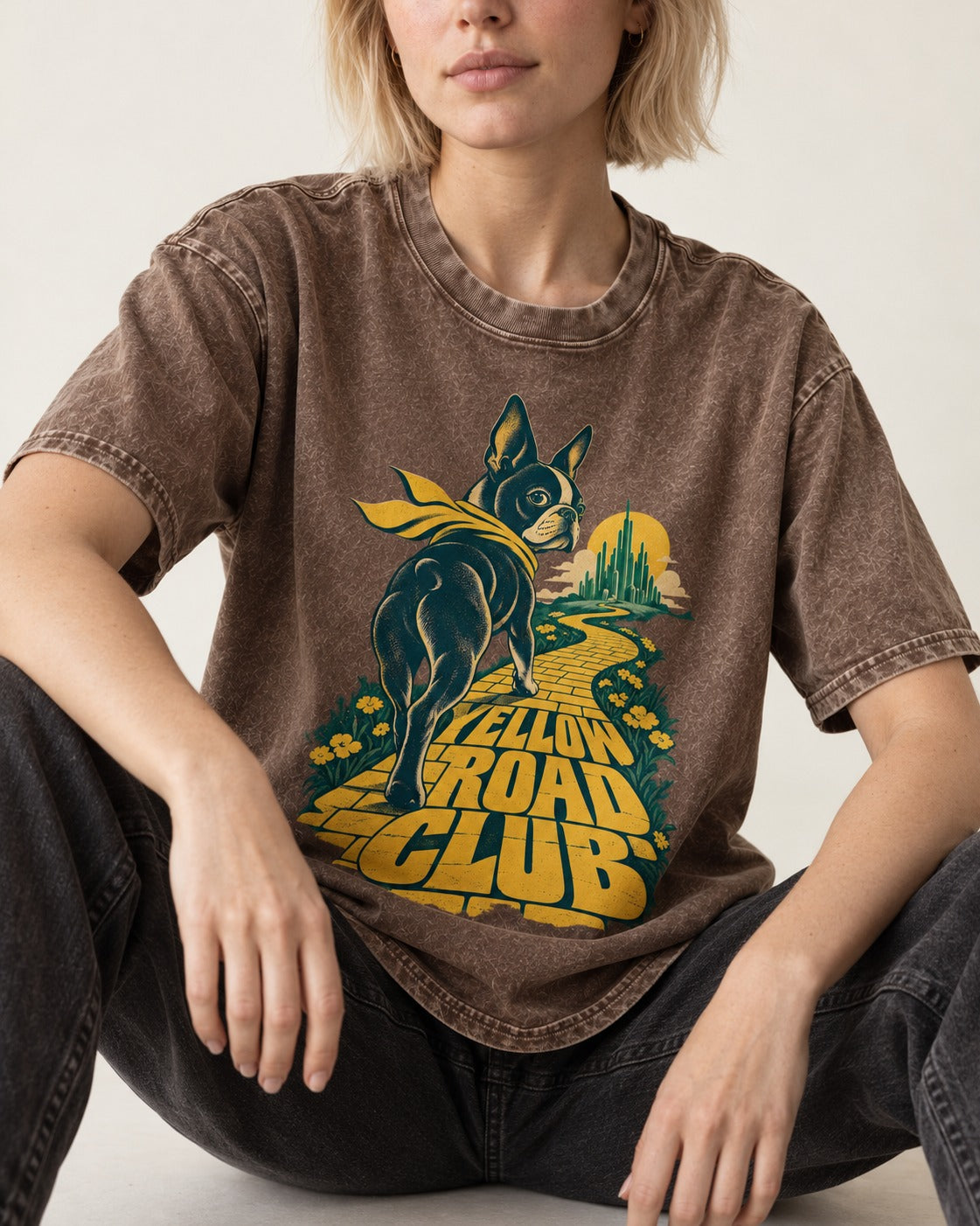 Boston Terrier Yellow Road Club Washed Tee in Coffee, worn by a seated model