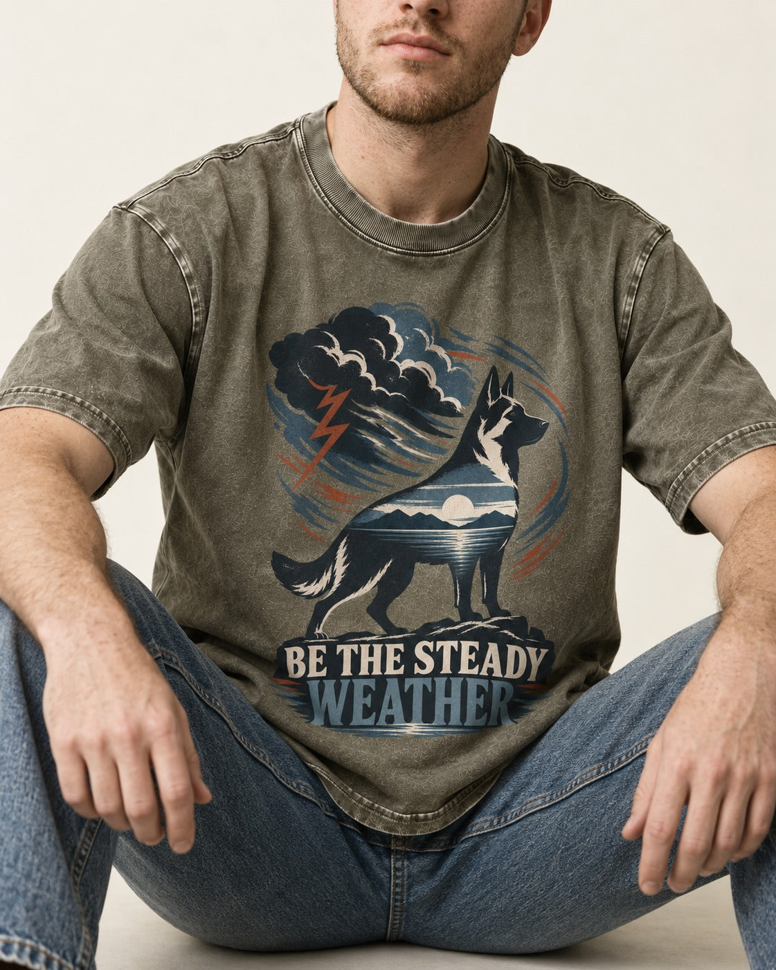 Be the Steady Weather Storm German Shepherd Dog Graphic Washed Tee in Army Green, worn by a seated model
