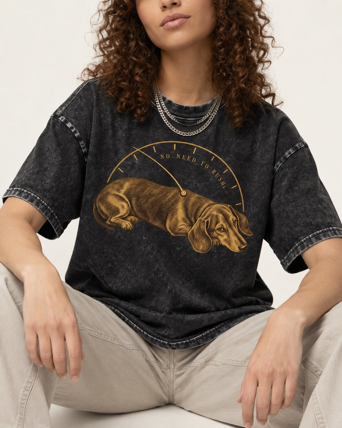 Dachshund No Need To Rush Gauge Graphic Washed Tee in Black, worn by a seated model