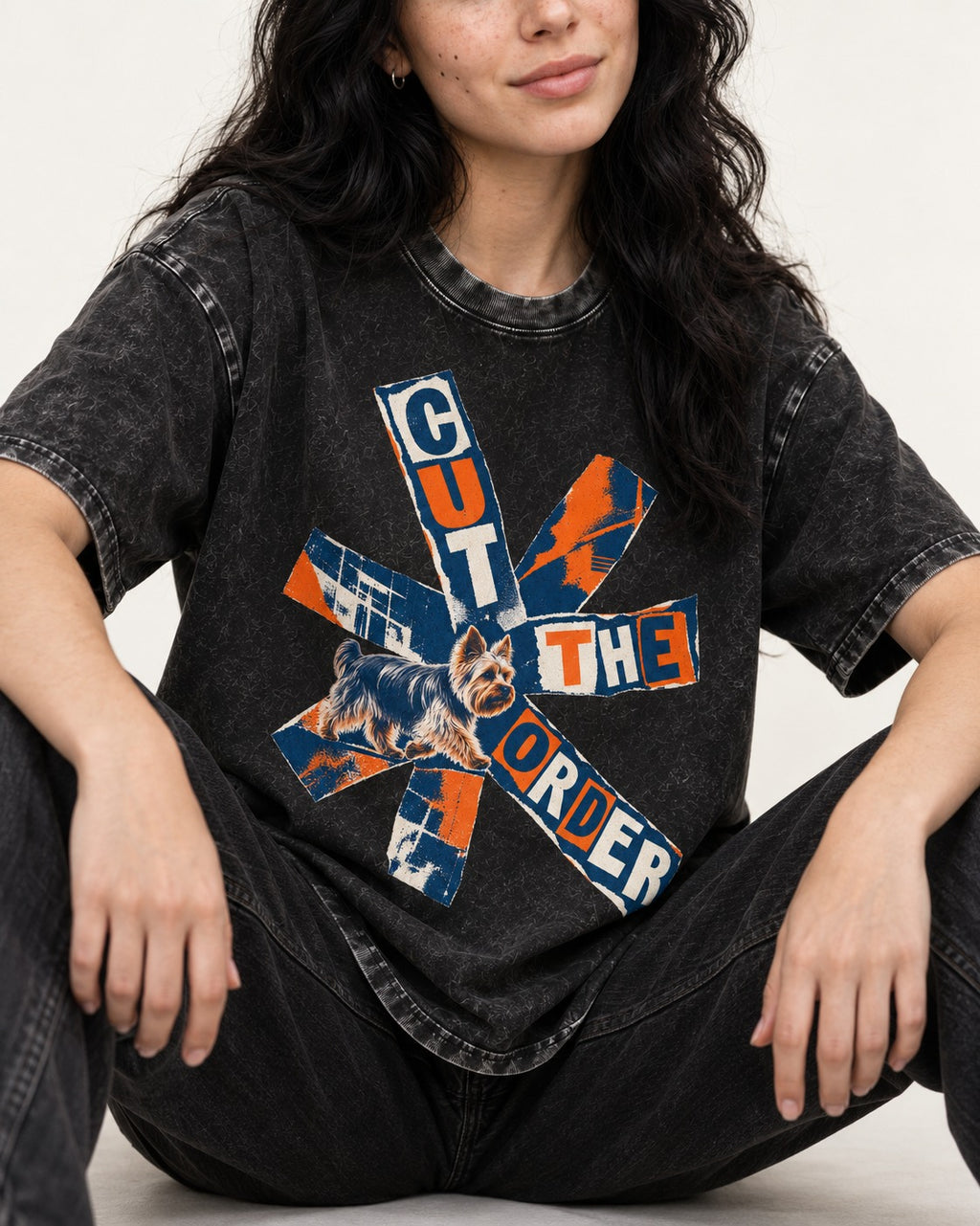 Yorkshire Terrier Cut the Order Radial Collage Graphic Washed Tee in Black, worn by a seated model