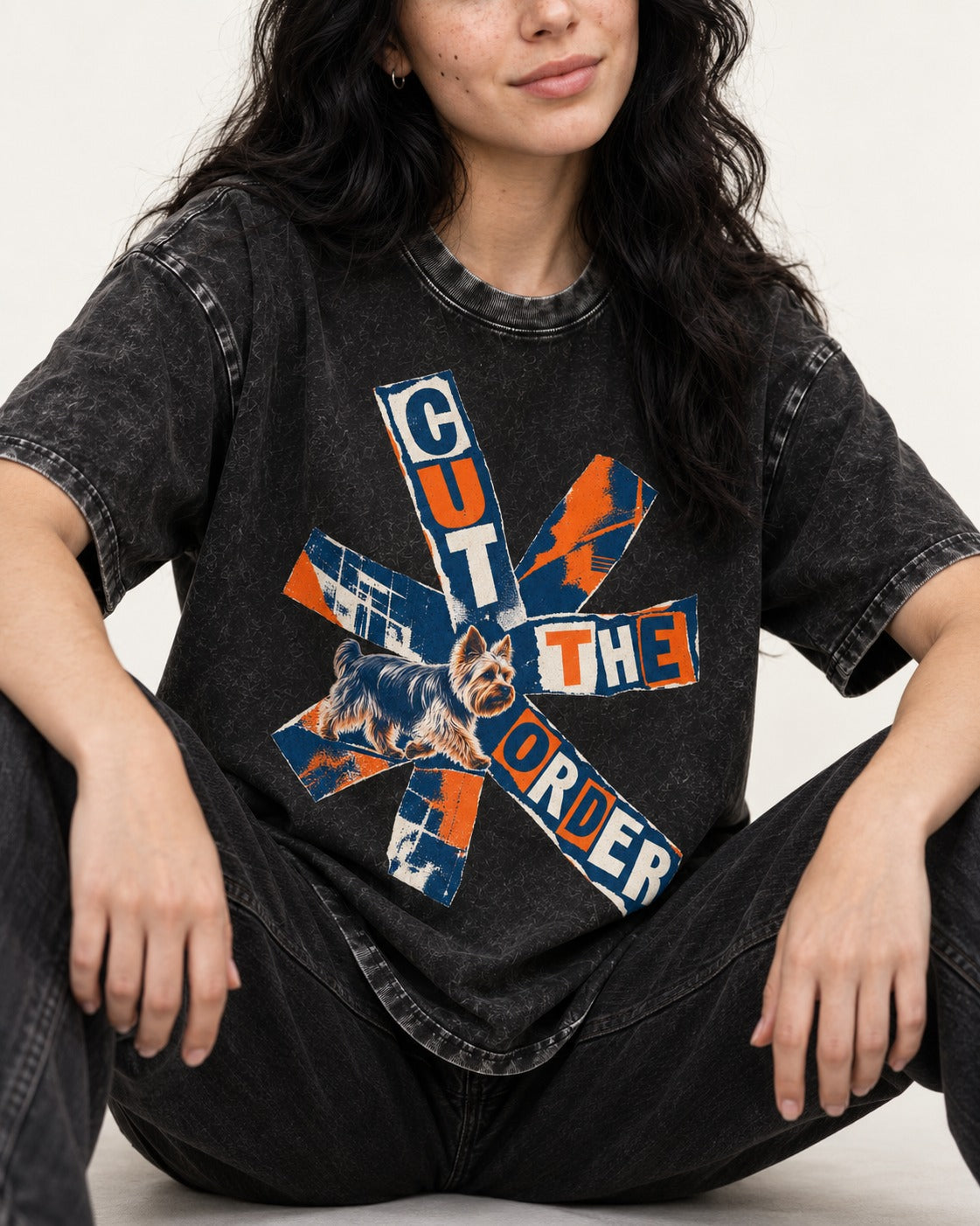 Yorkshire Terrier Cut the Order Radial Collage Graphic Washed Tee in Black, worn by a seated model