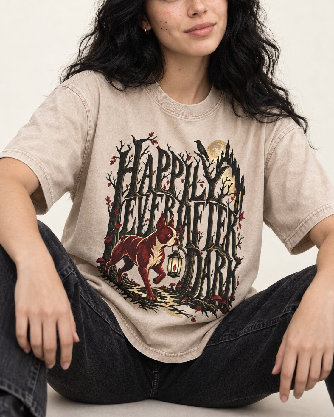 Happily Ever After Dark Boston Terrier Washed Tee in Apricot, worn by a seated model