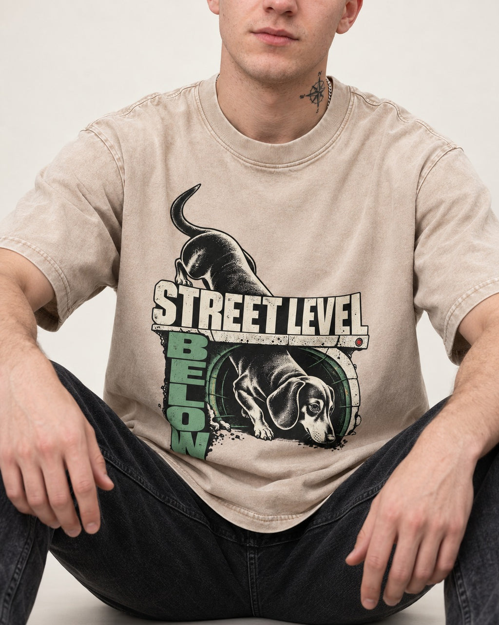 Dachshund Street Level Below Tunnel Graphic Washed Tee in Apricot, worn by a seated model