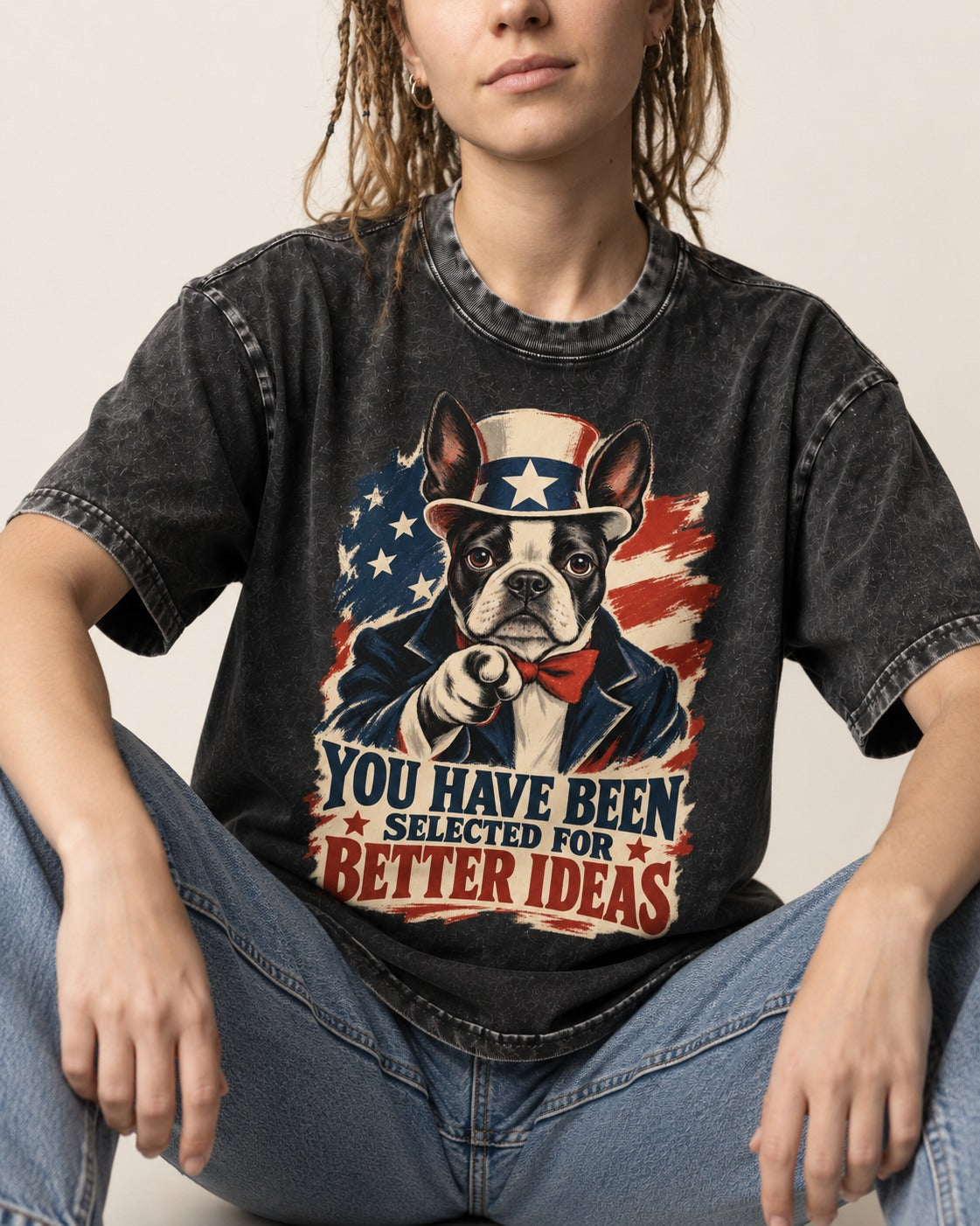 You Have Been Selected for Better Ideas Boston Terrier Washed Tee in Black, worn by a seated model