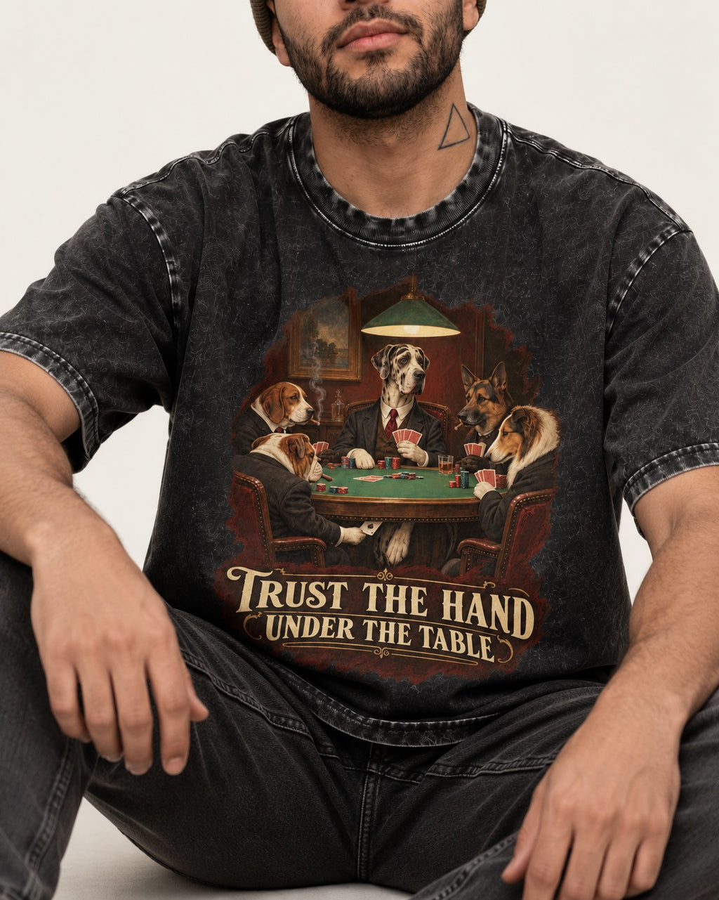 Great Dane Trust the Hand Under the Table Poker Graphic Washed Tee in Black, worn by a seated model