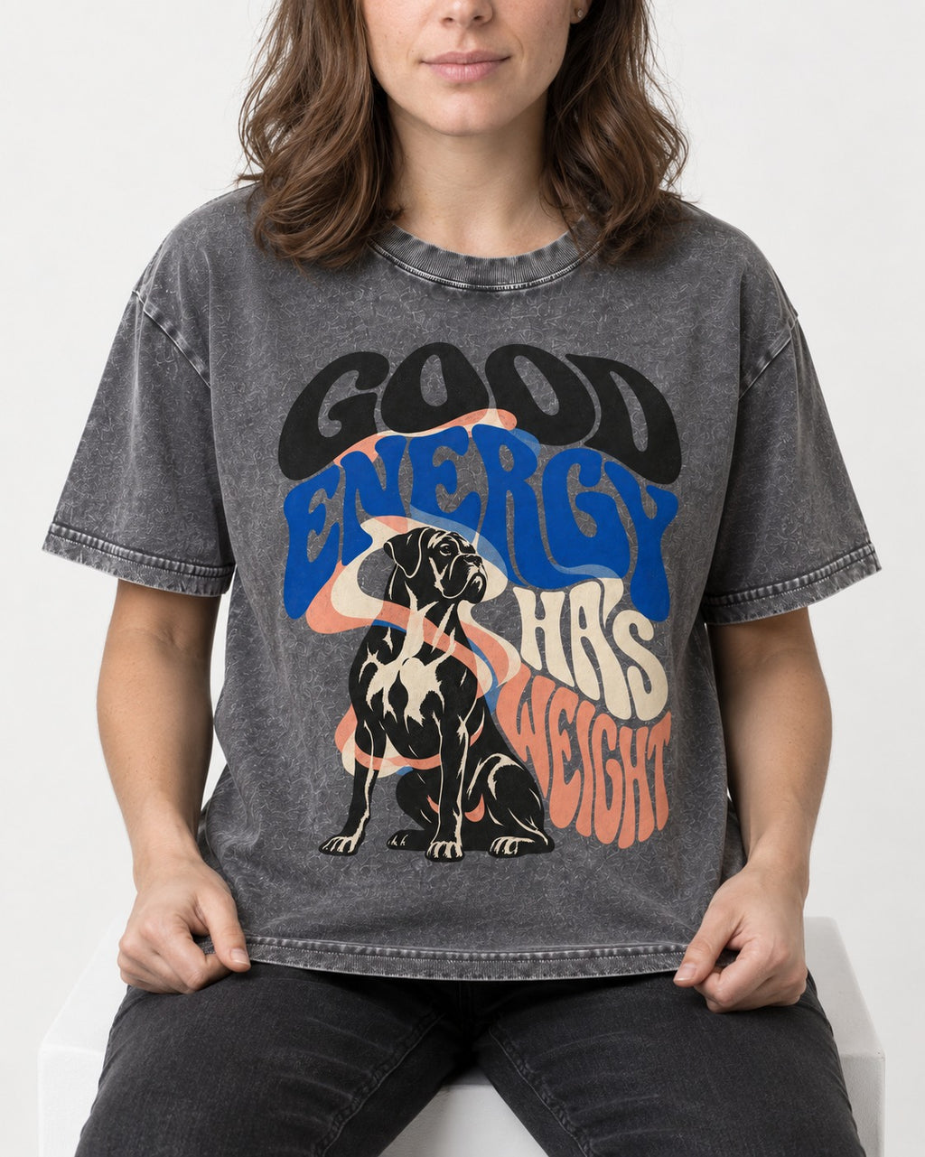 Good Energy Has Weight Boxer Retro Typography Washed Tee in Gray, worn by a seated model