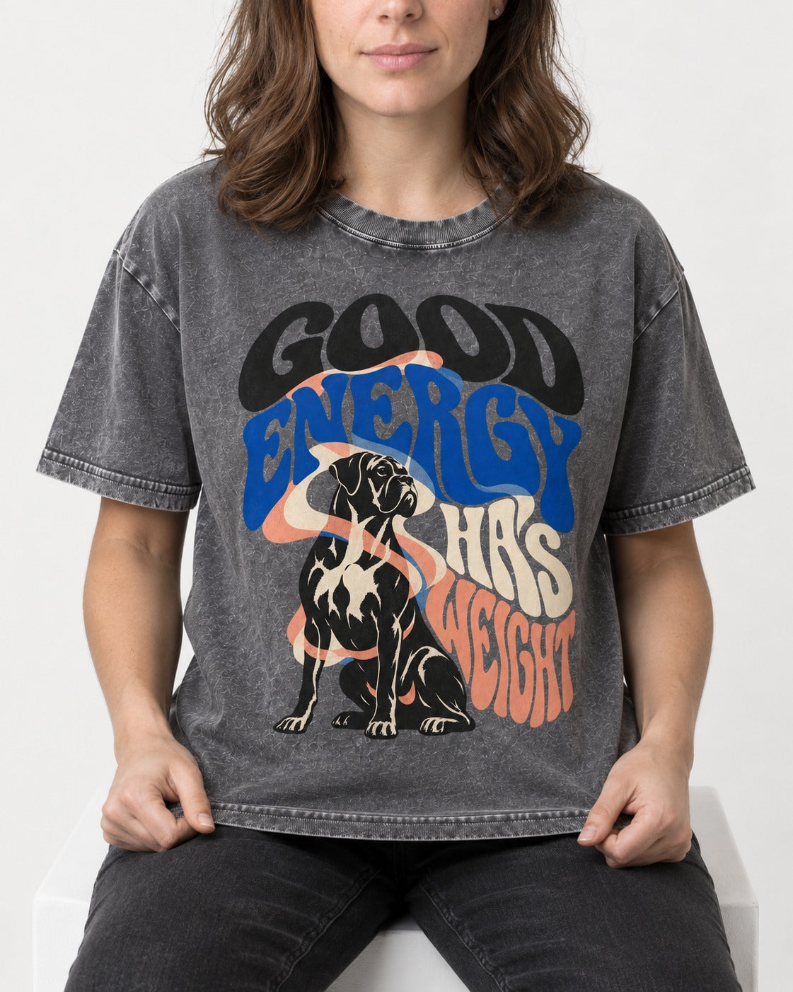 Good Energy Has Weight Boxer Retro Typography Washed Tee in Gray, worn by a seated model