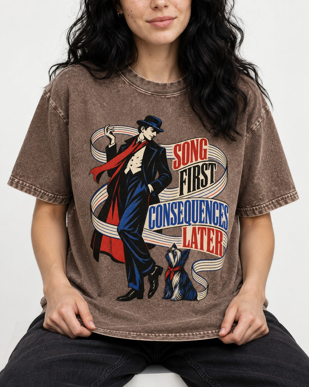 Yorkshire Terrier Song First Consequences Later Washed Tee in Coffee, worn by a seated model