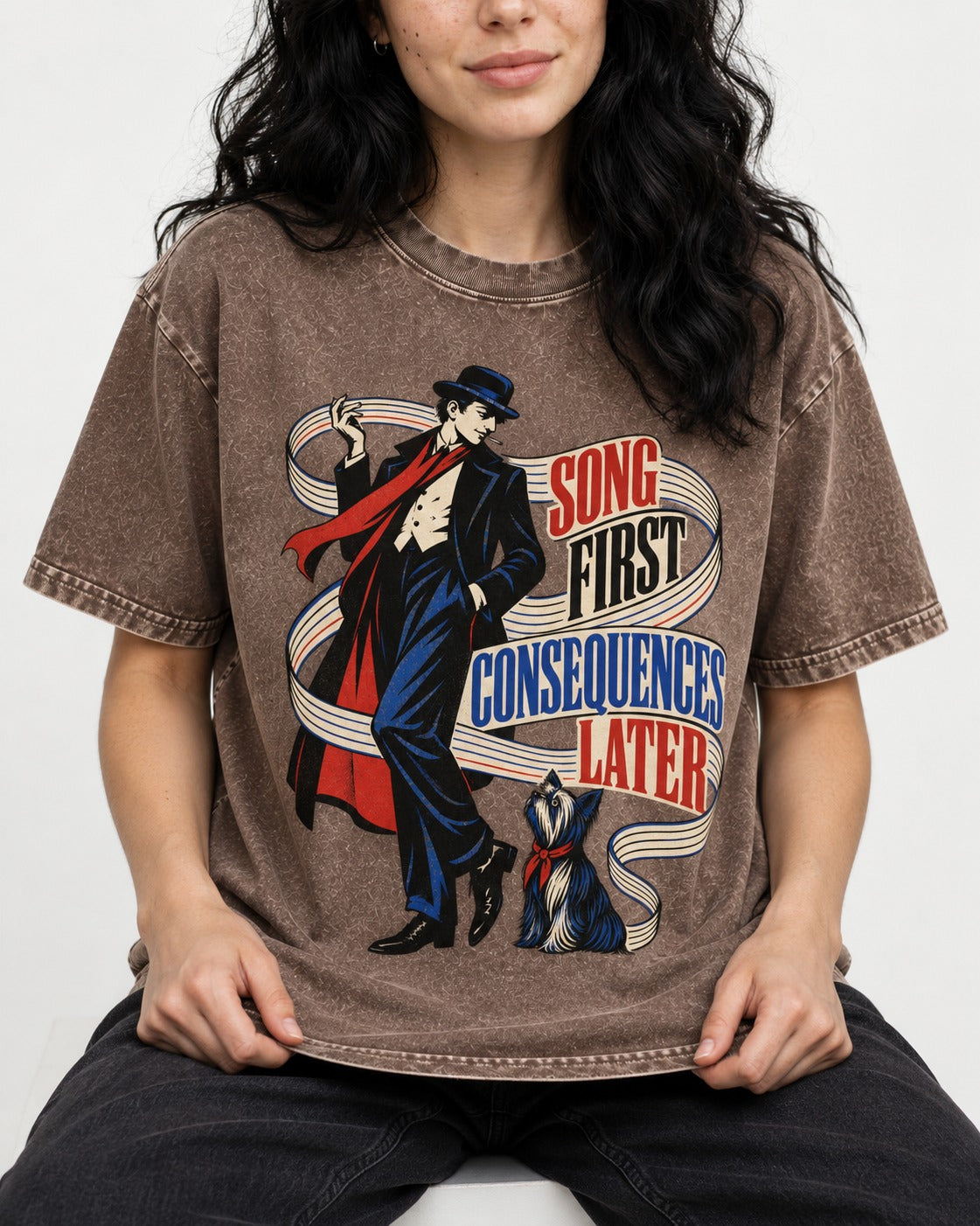 Yorkshire Terrier Song First Consequences Later Washed Tee in Coffee, worn by a seated model