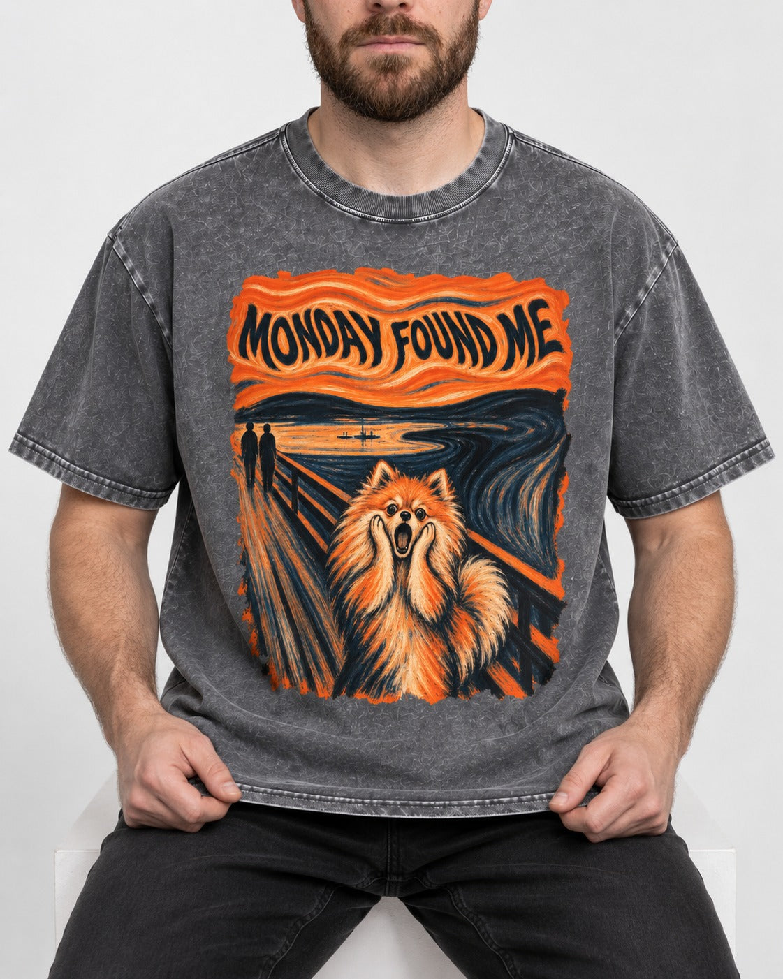 Pomeranian Monday Found Me Scream Parody Graphic Washed Tee in Gray, worn by a seated model