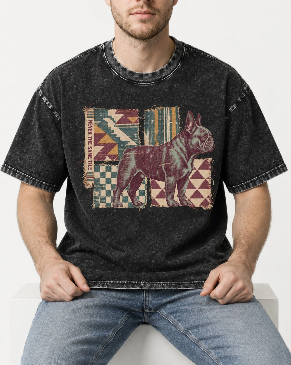 Frenchie Never the Same Tile Textile Graphic Washed Tee in Black, worn by a seated model
