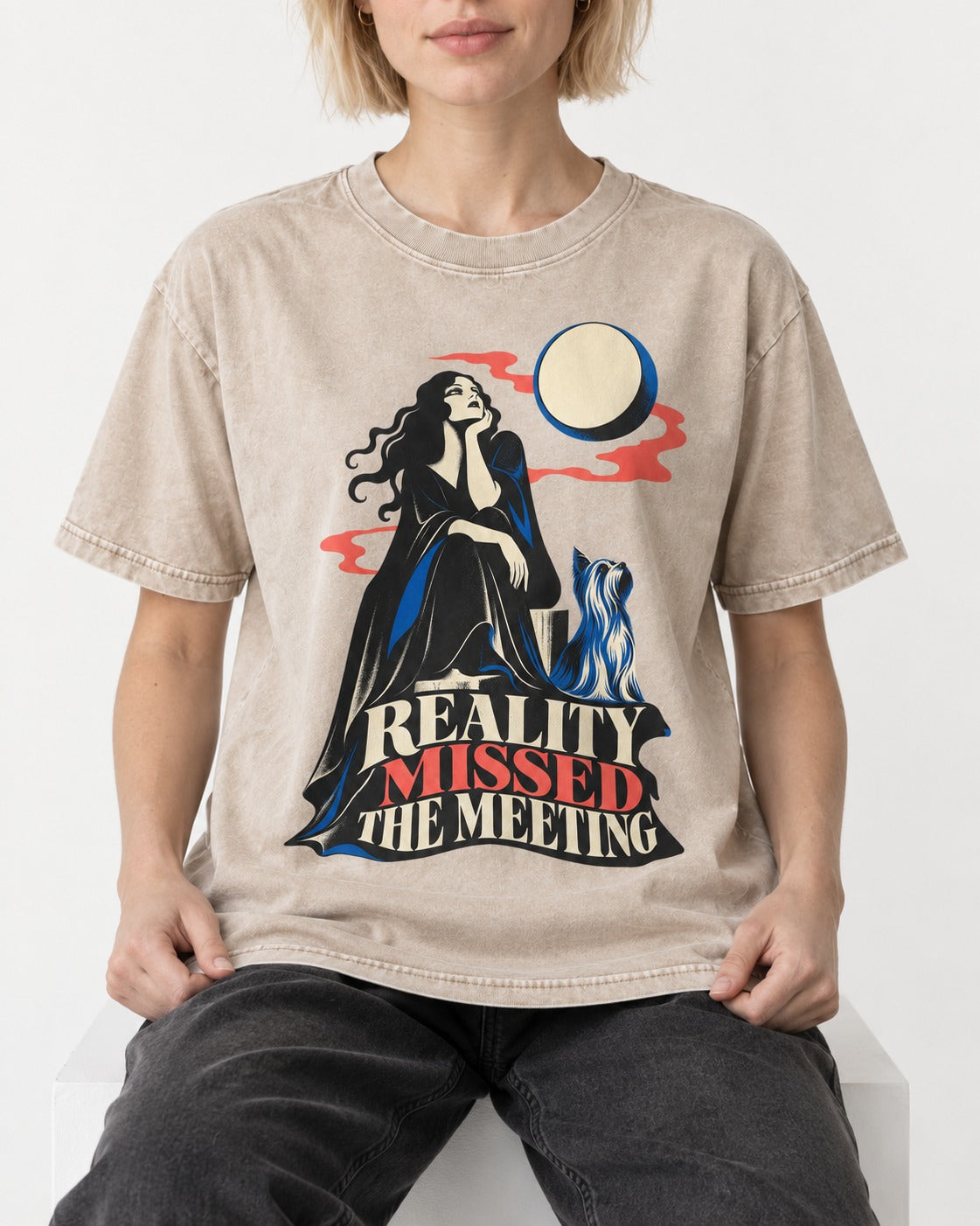 Yorkshire Terrier Reality Missed the Meeting Washed Tee in Apricot, worn by a seated model