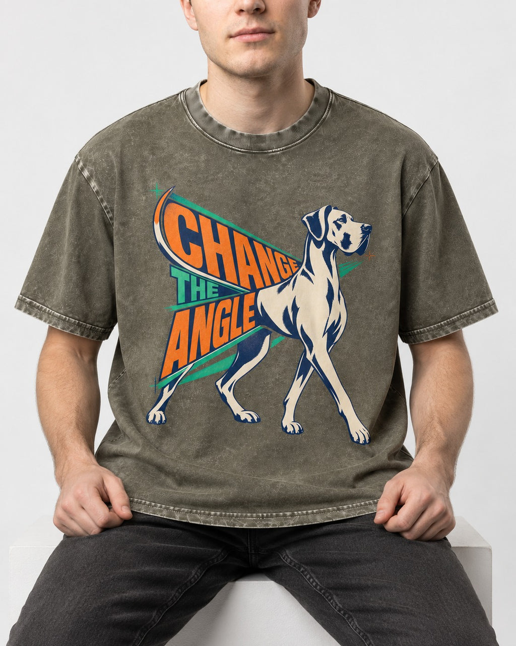 Great Dane Change the Angle Walking Graphic Washed Tee in Army Green, worn by a seated model