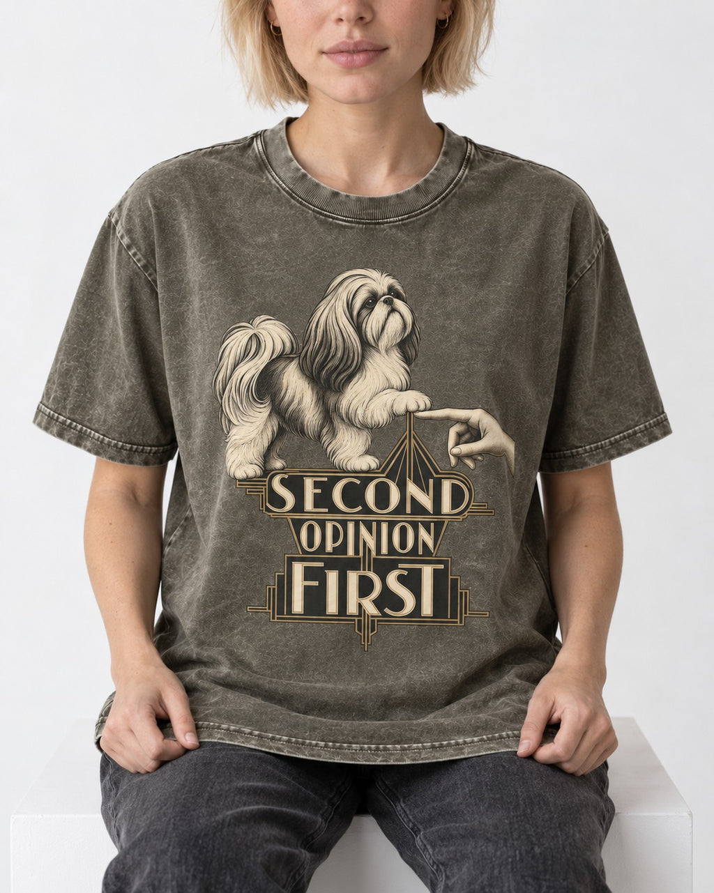 Shih Tzu Second Opinion First Art Deco Graphic Washed Tee in Army Green, worn by a seated model