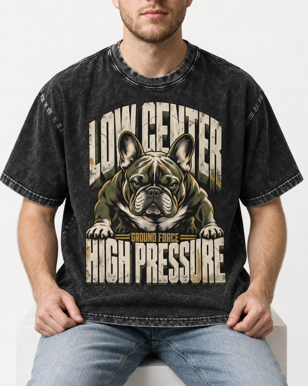 Frenchie Low Center High Pressure Graphic Washed Tee in Black, worn by a seated model