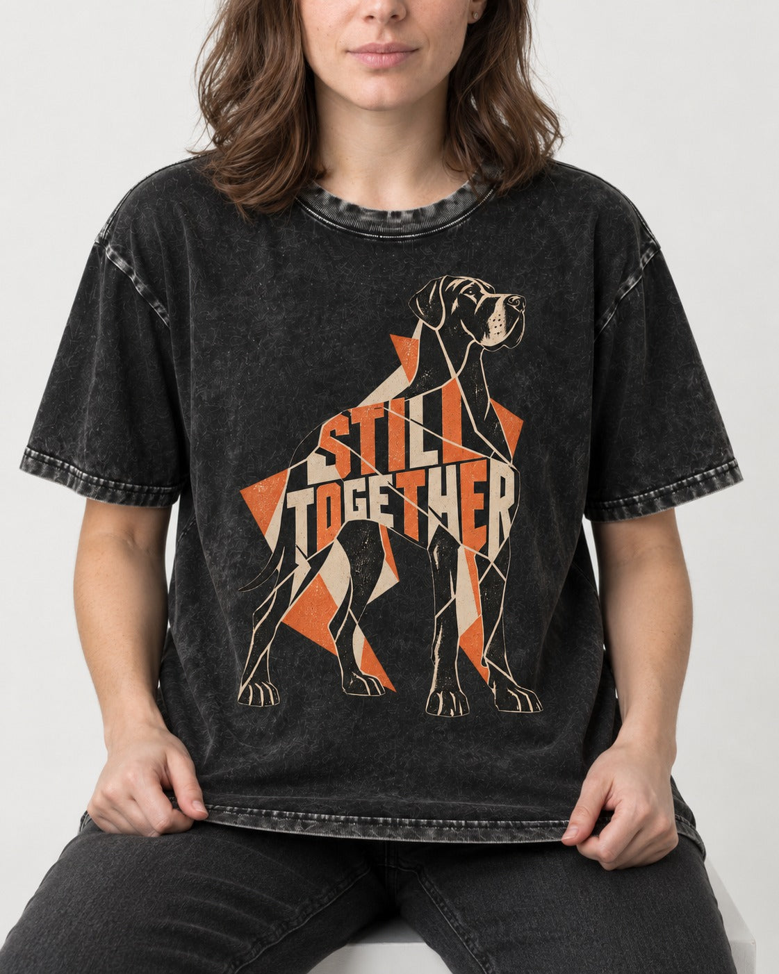 Great Dane Still Together Geometric Mosaic Graphic Washed Tee in Black, worn by a seated model