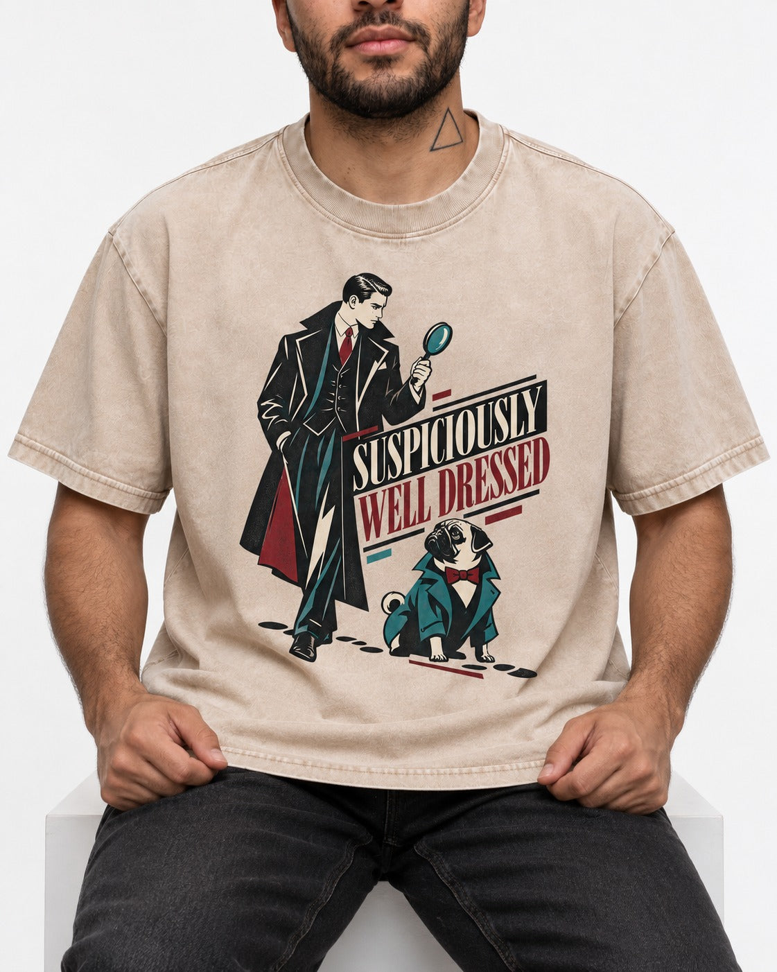 Suspiciously Well Dressed Pug Washed Tee in Apricot, worn by a seated model