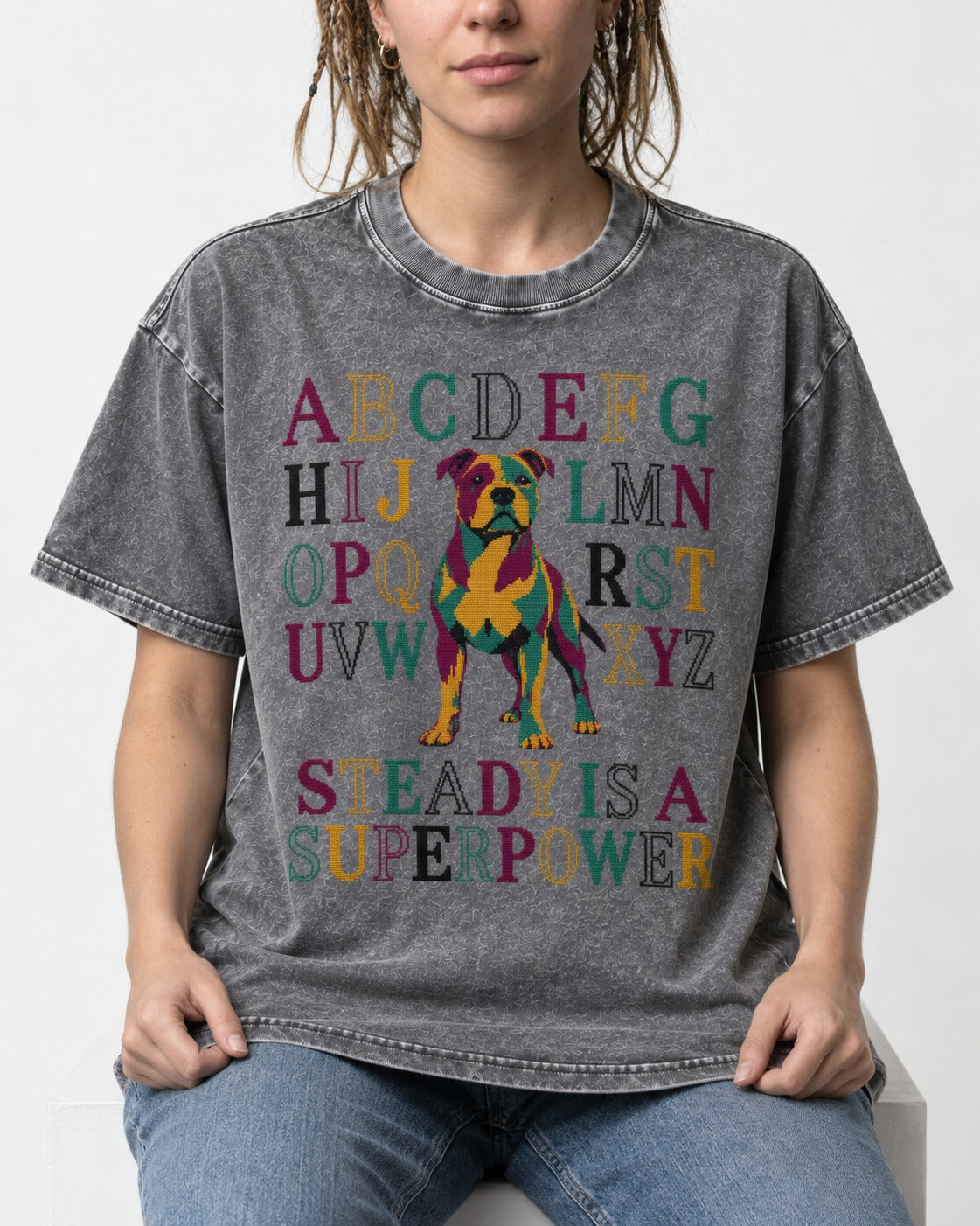 Pitbull Steady Is a Superpower Alphabet Graphic Washed Tee in Gray, worn by a seated model