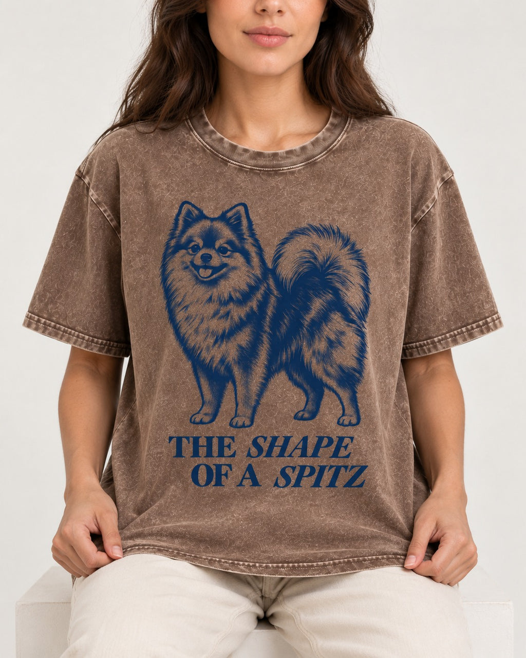 The Shape of a Pomeranian Washed Tee in Coffee, worn by a seated model