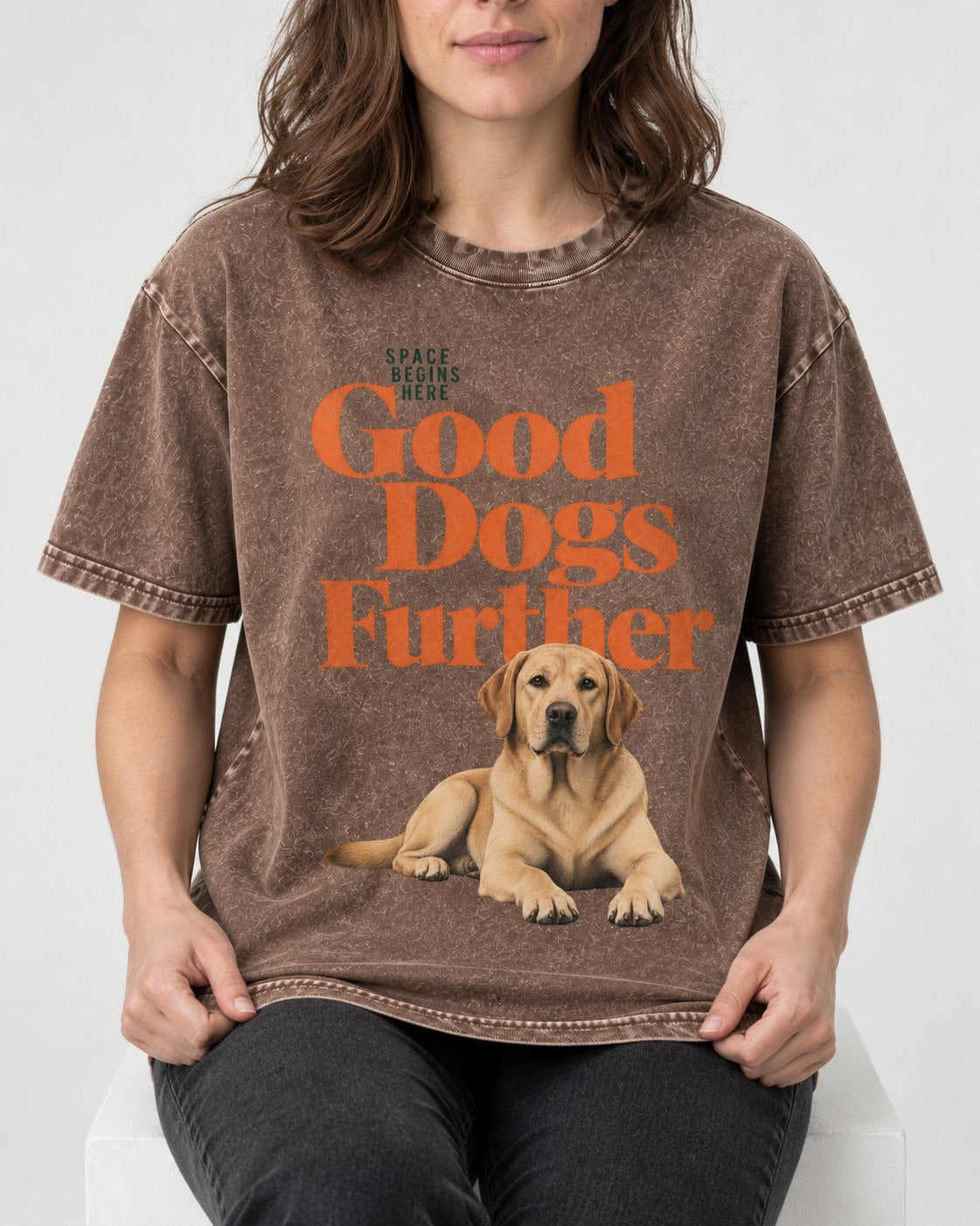 Good Labrador Retriever Goes Further Washed Tee in Coffee, worn by a seated model