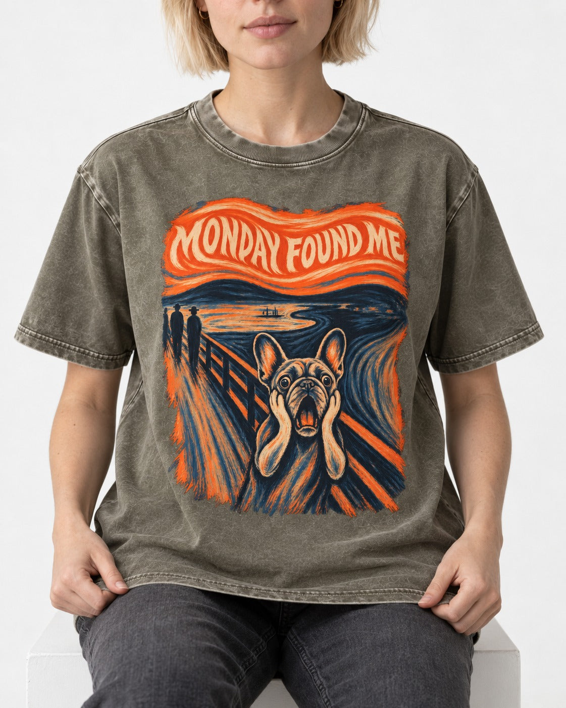 Frenchie Monday Found Me Scream Graphic 194 Washed Tee in Army Green, worn by a seated model