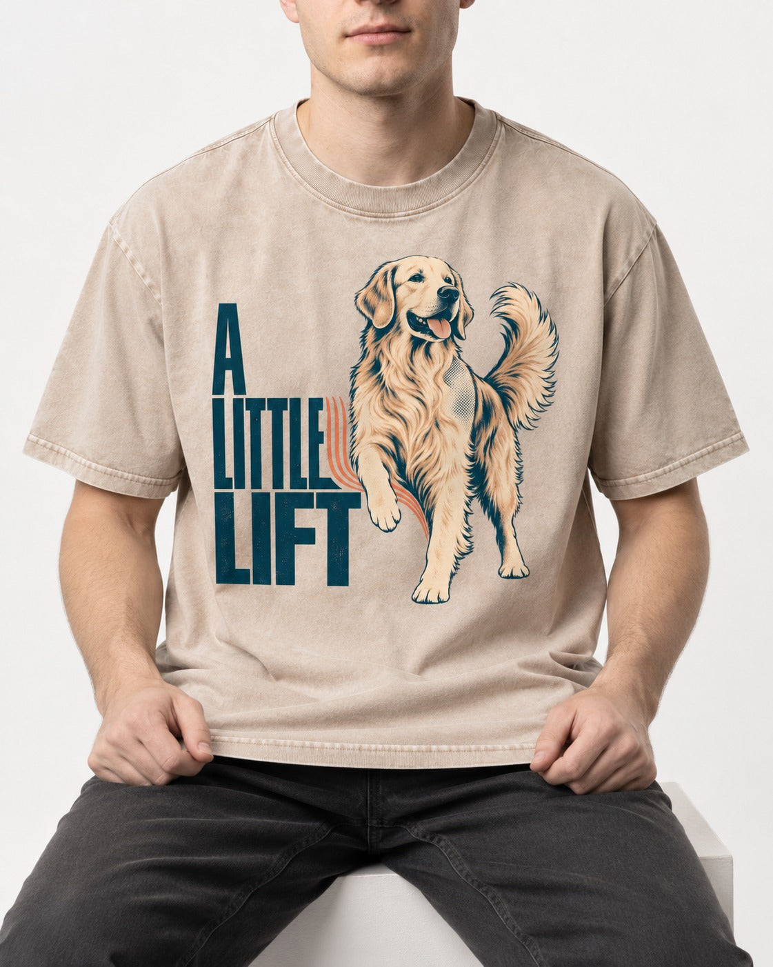 A Little Lift Golden Retriever Washed Tee in Apricot, worn by a seated model