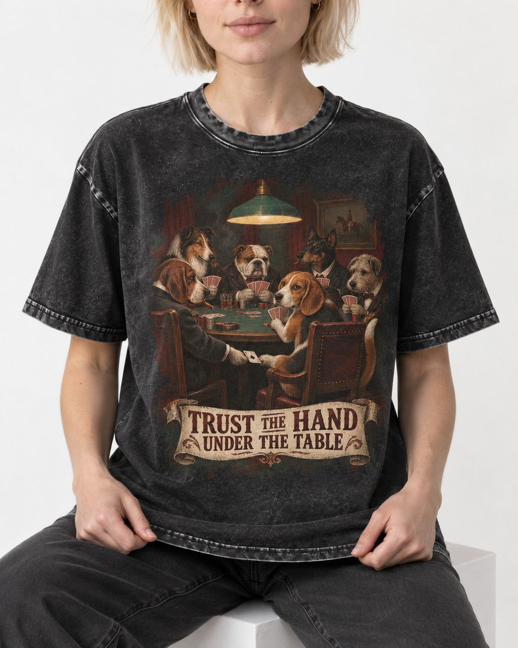 Trust The Hand Under The Table Beagle Poker Night Washed Tee in Black, worn by a seated model