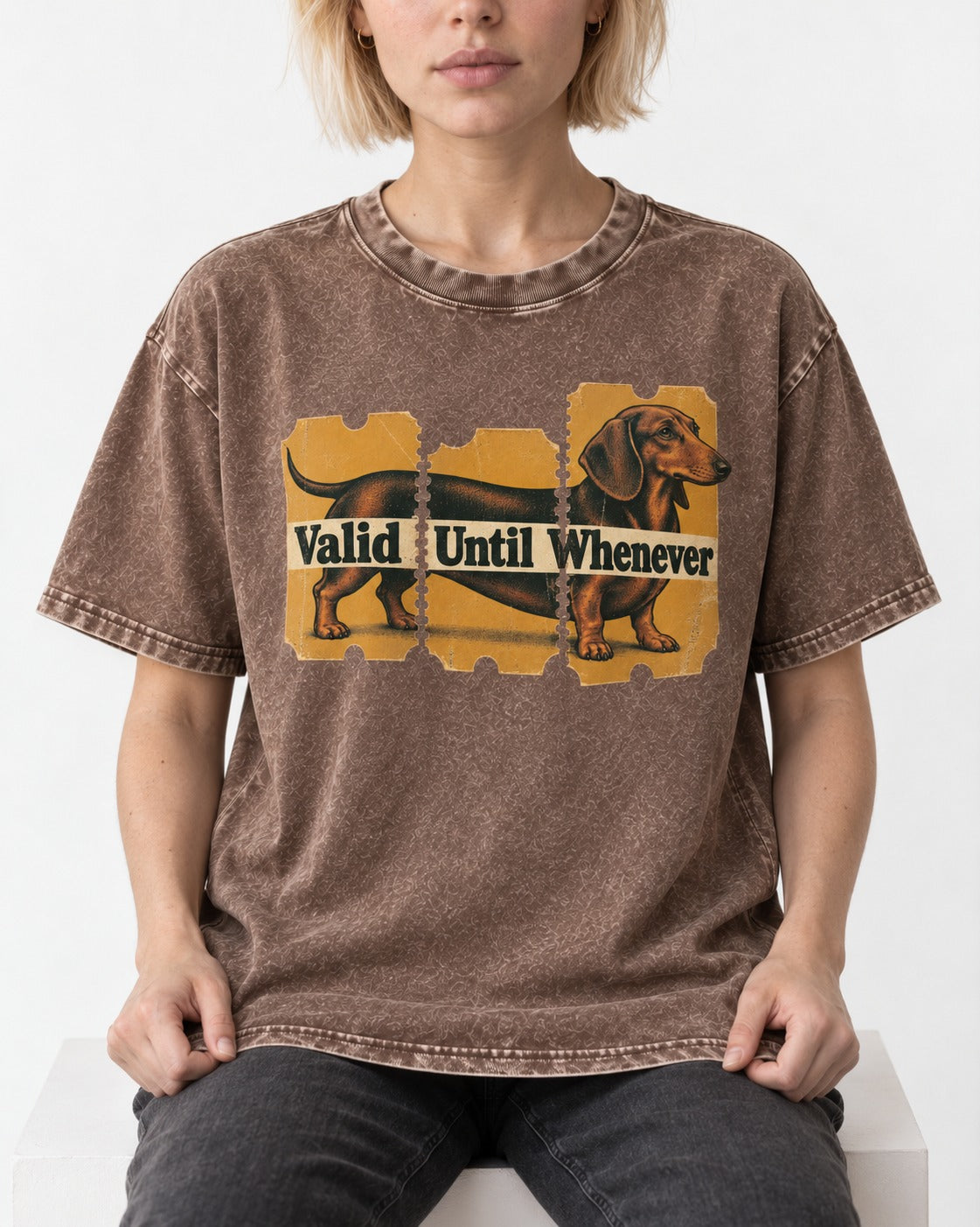 Dachshund Valid Until Whenever Washed Tee in Coffee, worn by a seated model