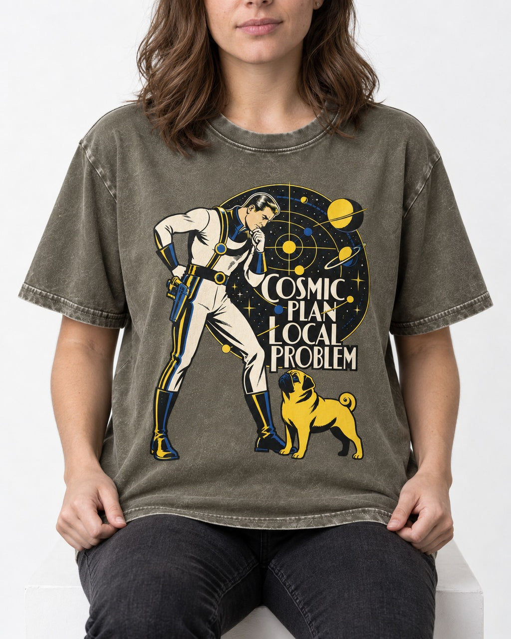 Pug Cosmic Plan Local Problem Astronaut Graphic Washed Tee in Army Green, worn by a seated model