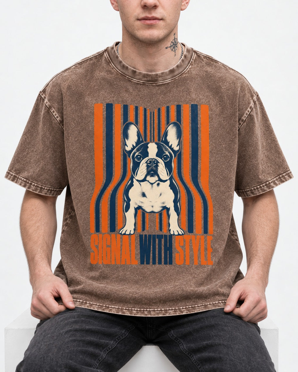 Frenchie Signal Washed Tee in Coffee, worn by a seated model