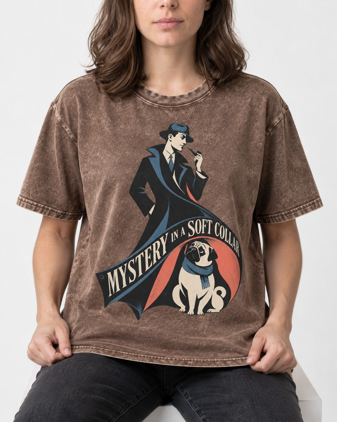 Pug Soft Collar Mystery Washed Tee in Coffee, worn by a seated model