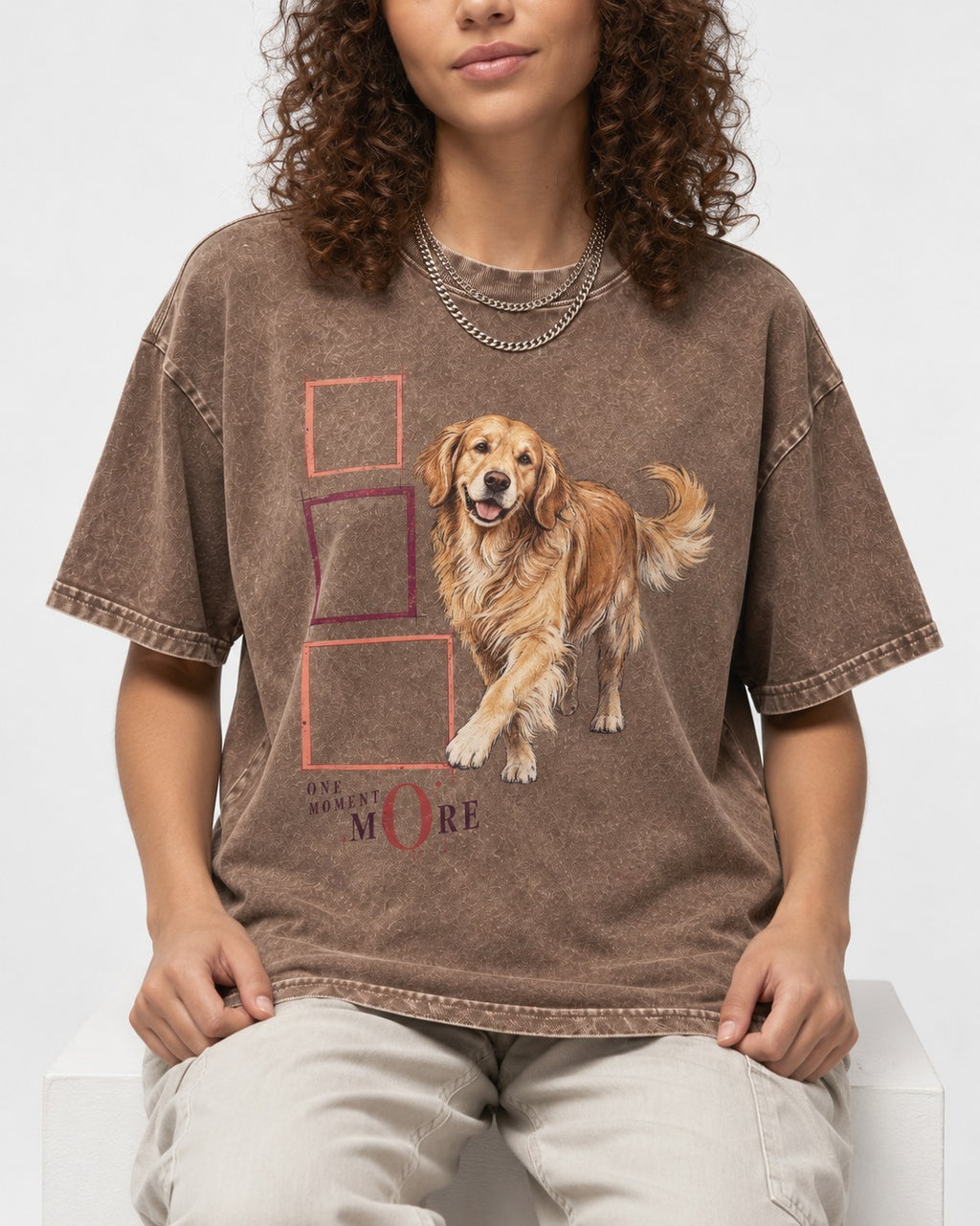 Golden Retriever One Moment More Washed Tee in Coffee, worn by a seated model
