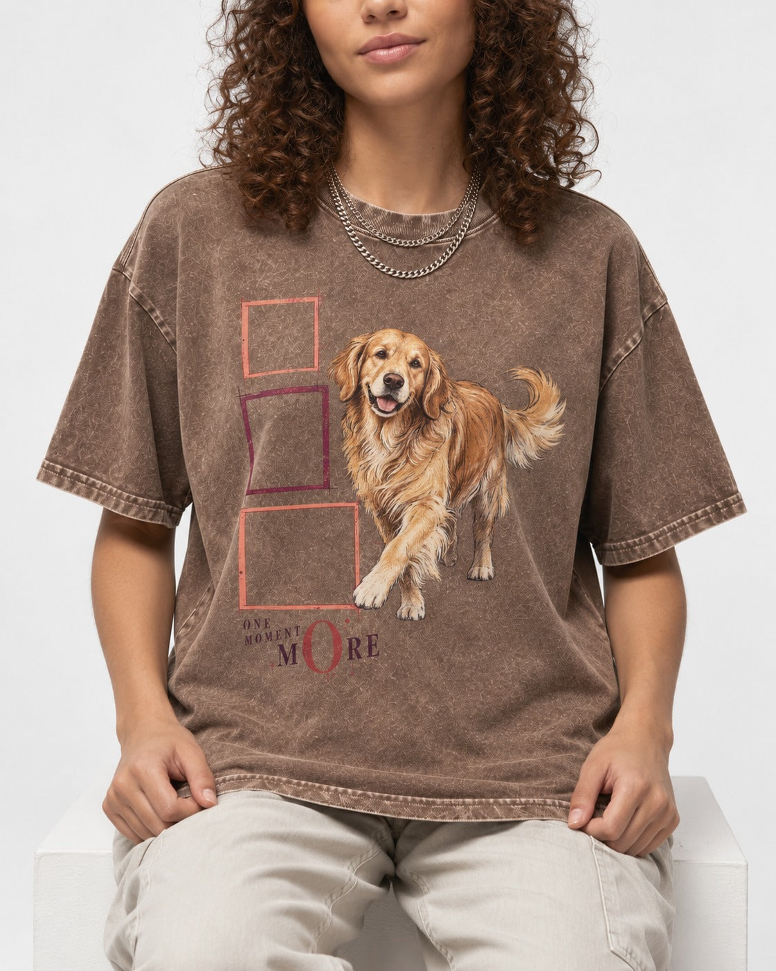 Golden Retriever One Moment More Washed Tee in Coffee, worn by a seated model