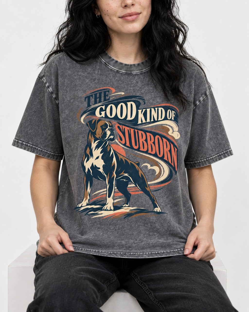 Boxer The Good Kind of Stubborn Washed Tee in Gray, worn by a seated model