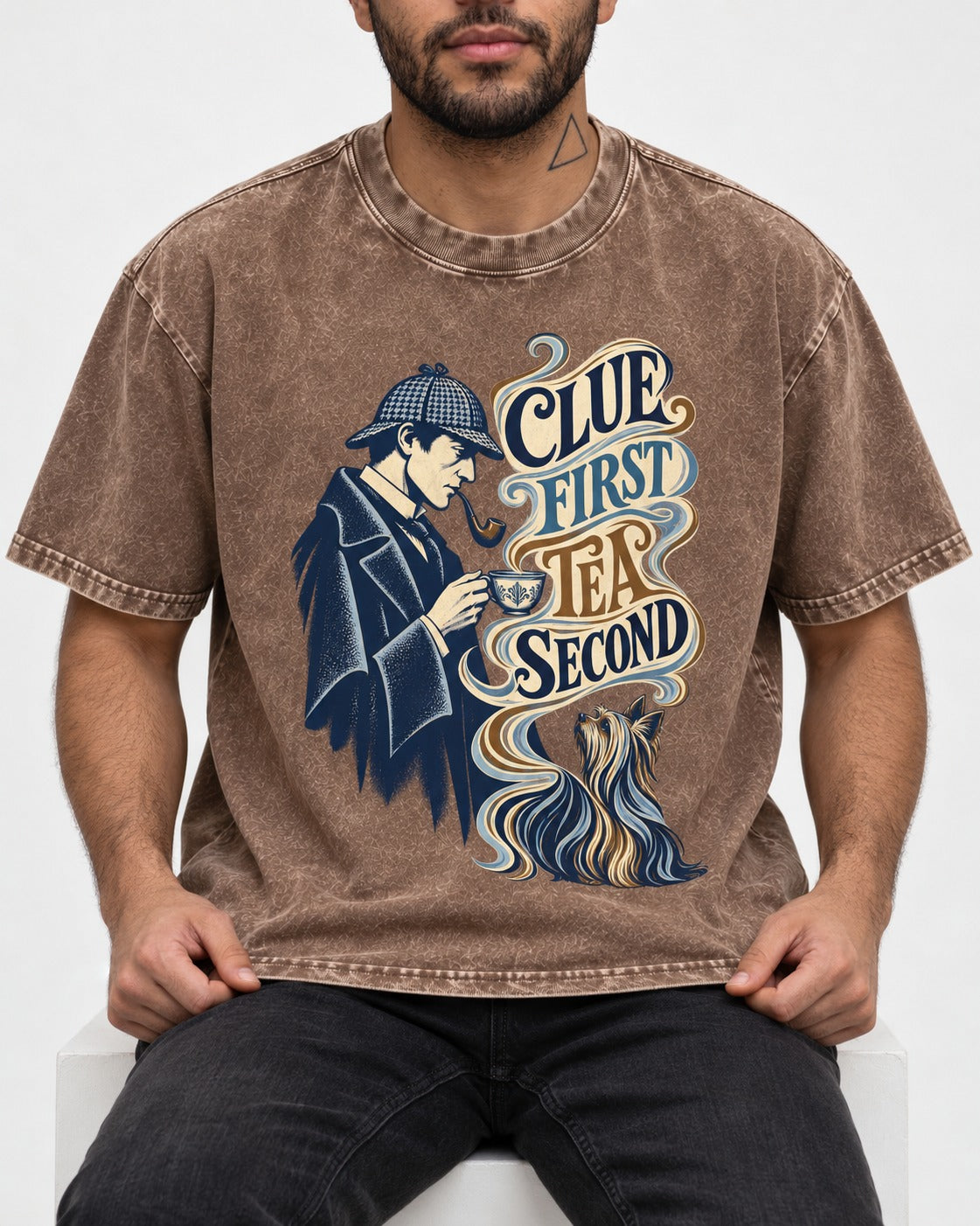 Yorkshire Terrier Clue First Tea Second Detective Graphic Washed Tee in Coffee, worn by a seated model