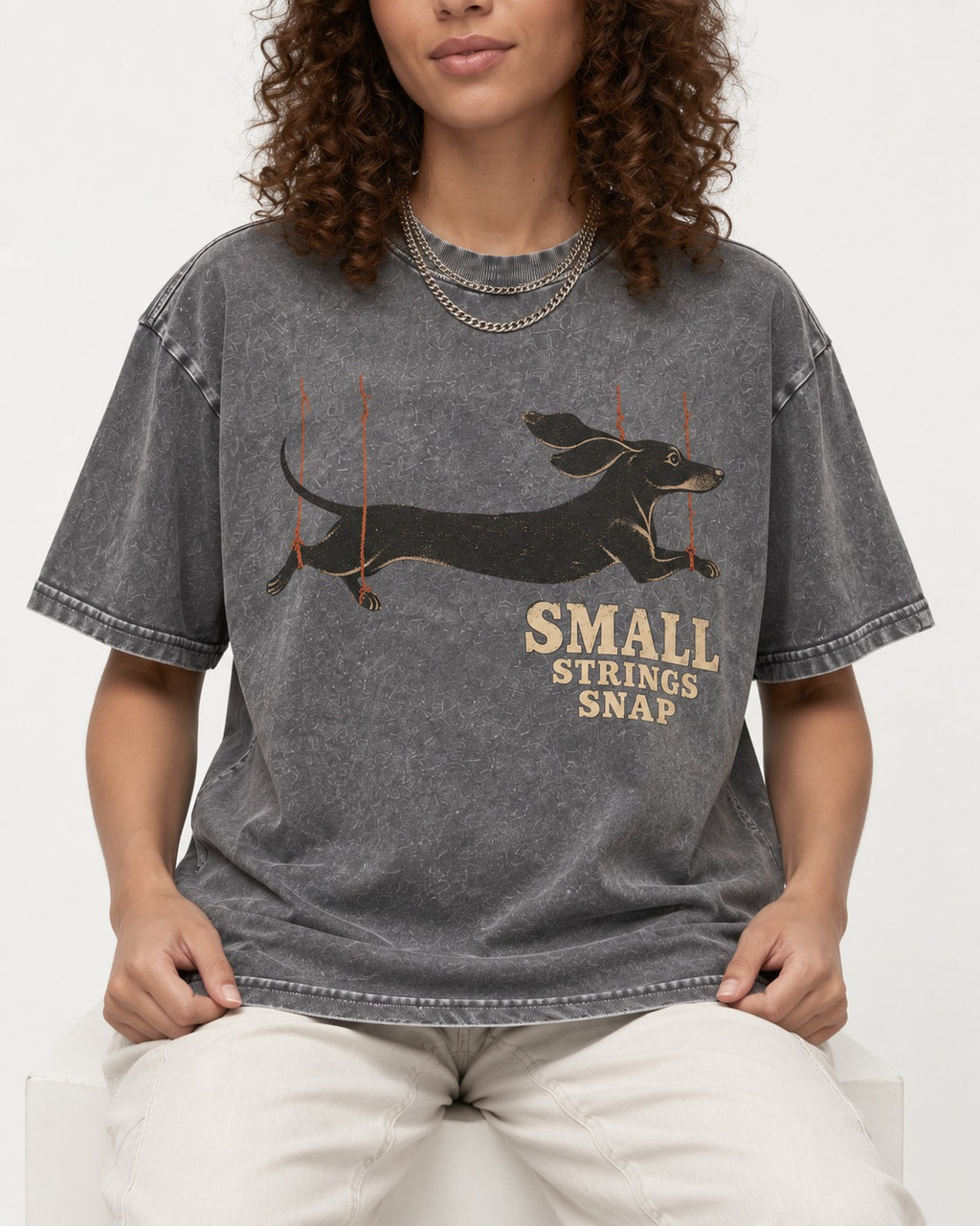 Dachshund Small Strings Snap Marionette Graphic Washed Tee in Gray, worn by a seated model