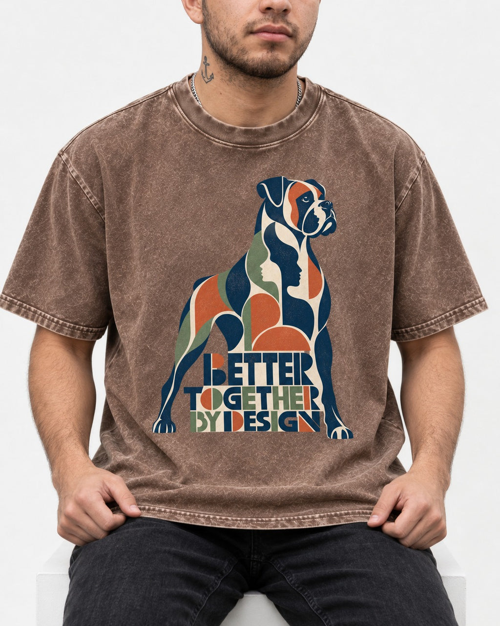 Better Together By Design Boxer Geometric Mosaic Washed Tee in Coffee, worn by a seated model