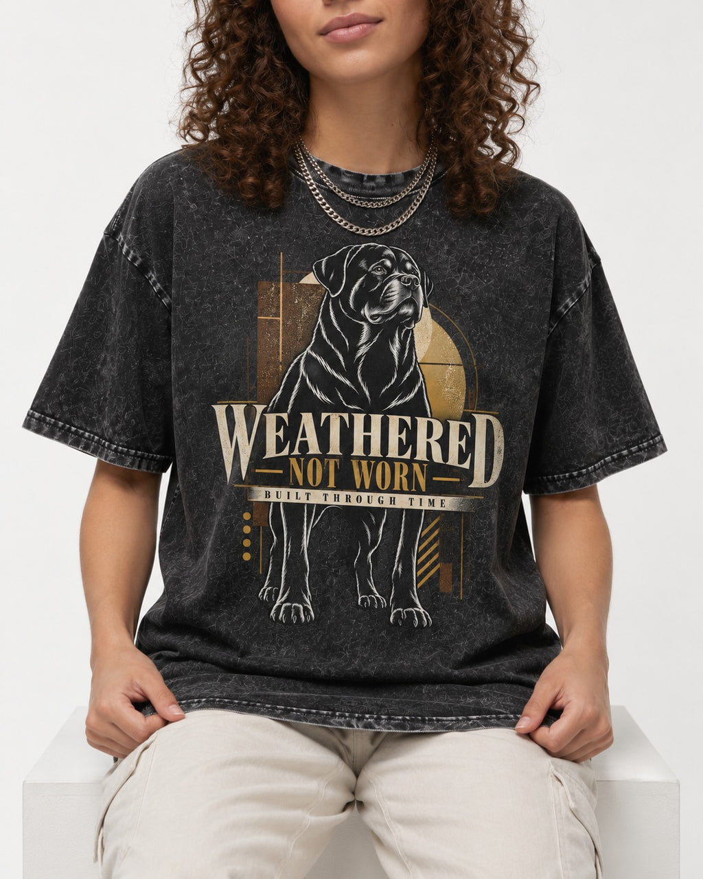 Rottweiler Weathered Not Worn Geometric Graphic Washed Tee in Black, worn by a seated model