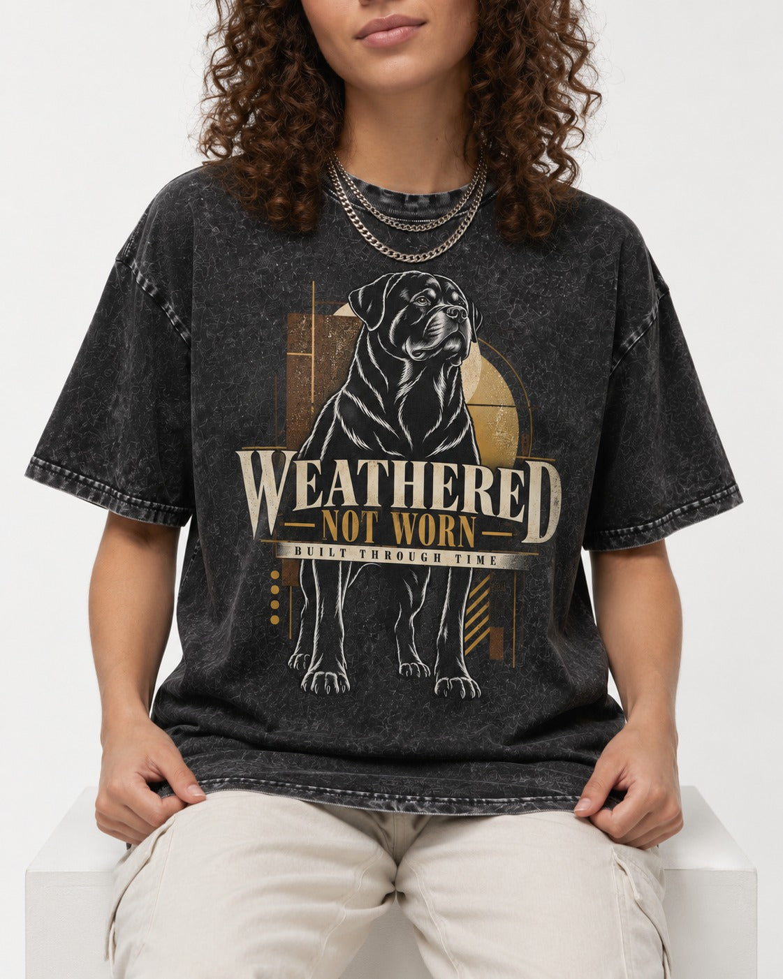 Rottweiler Weathered Not Worn Geometric Graphic Washed Tee in Black, worn by a seated model