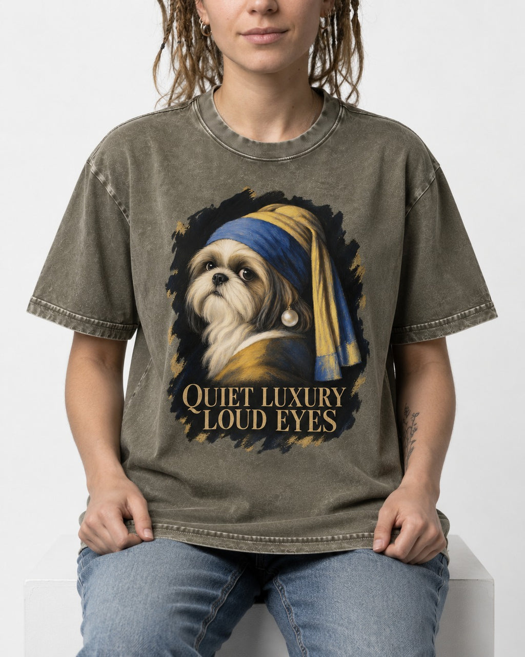 Shih Tzu Quiet Luxury Loud Eyes Pearl Portrait Graphic Washed Tee in Army Green, worn by a seated model