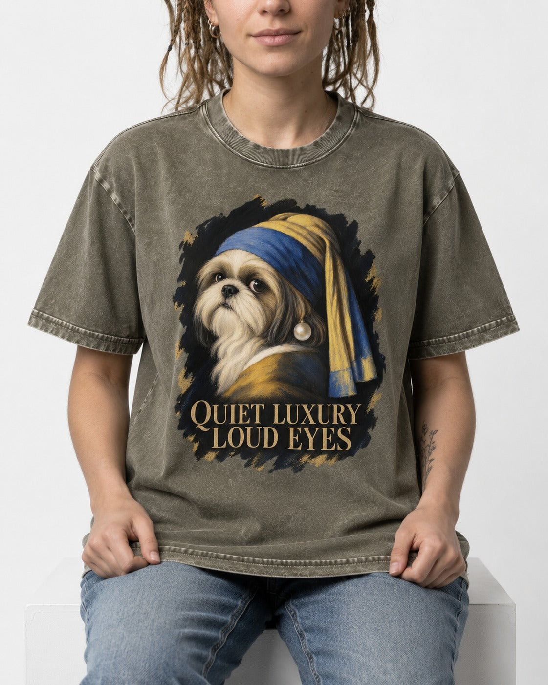Shih Tzu Quiet Luxury Loud Eyes Pearl Portrait Graphic Washed Tee in Army Green, worn by a seated model
