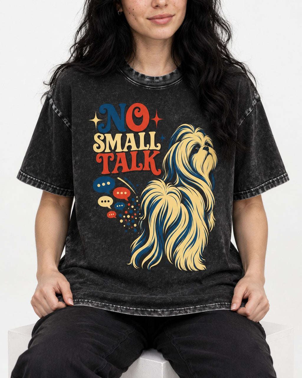 Shih Tzu No Small Talk Speech Bubble Graphic Washed Tee in Black, worn by a seated model