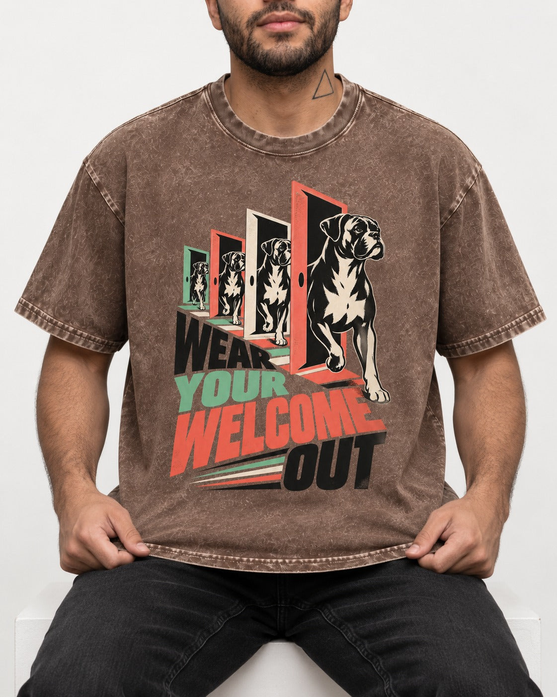 Wear Your Welcome Out Boxer Doorway Progression Graphic Washed Tee in Coffee, worn by a seated model