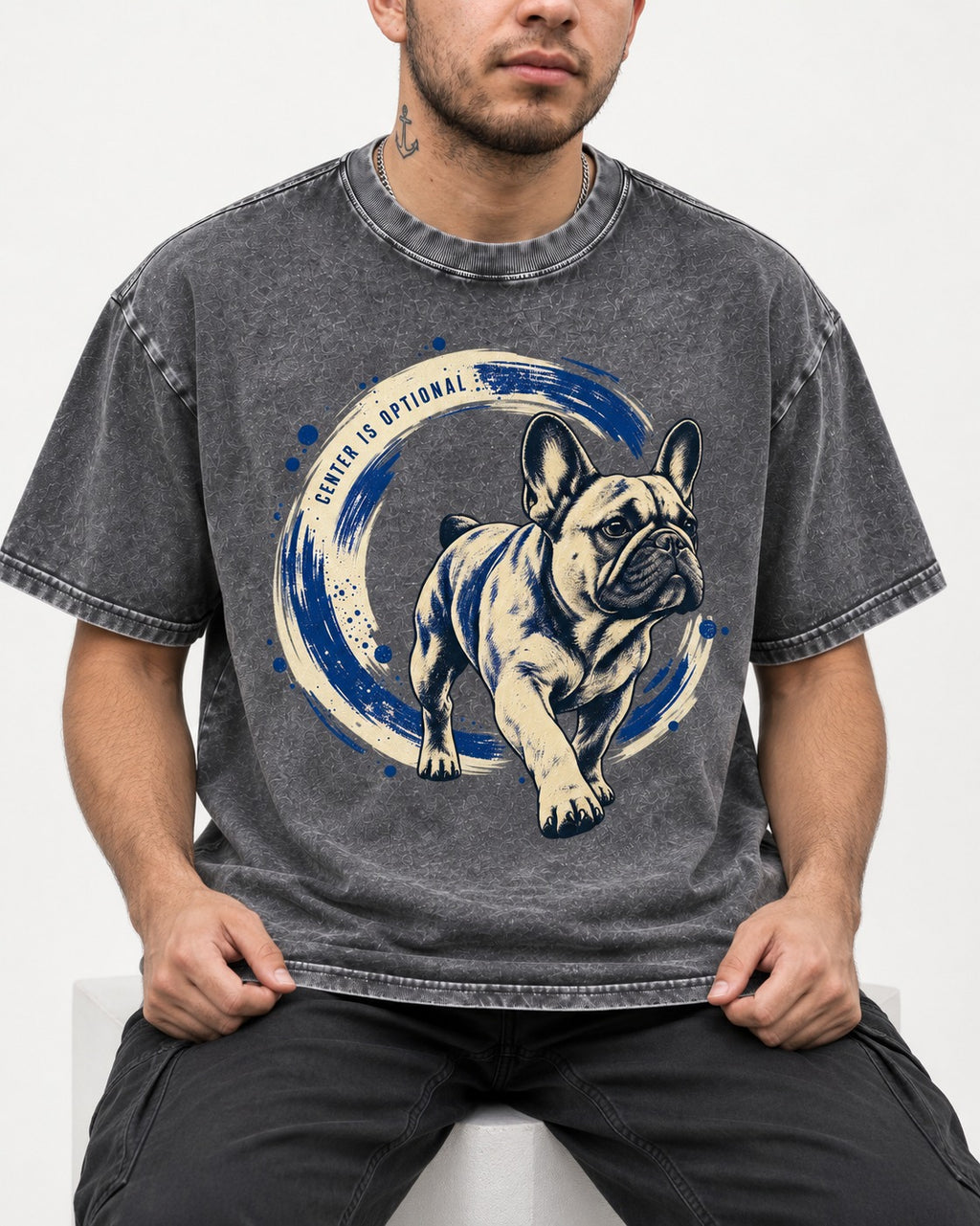 Frenchie Center Is Optional Brush Circle Graphic Washed Tee in Gray, worn by a seated model