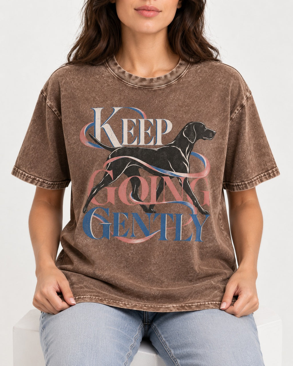 German Shorthaired Pointer Keep Going Gently Walking Graphic Washed Tee in Coffee, worn by a seated model